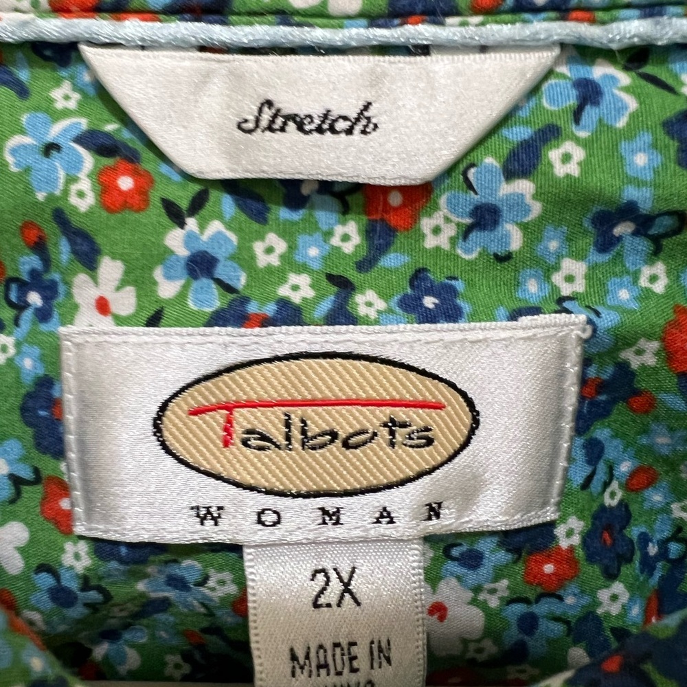 Talbots ladies 2X button up 3/4 sleeve checked green stretchy blouse - Picture 4 of 5